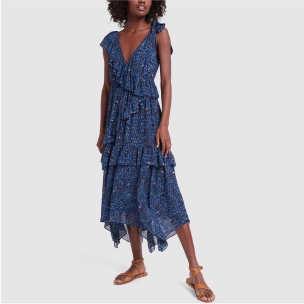 Ulla Johnson Dania Ruffled‎ Midi Dress Handkerchief Hem Floral Asymmetric Size 2